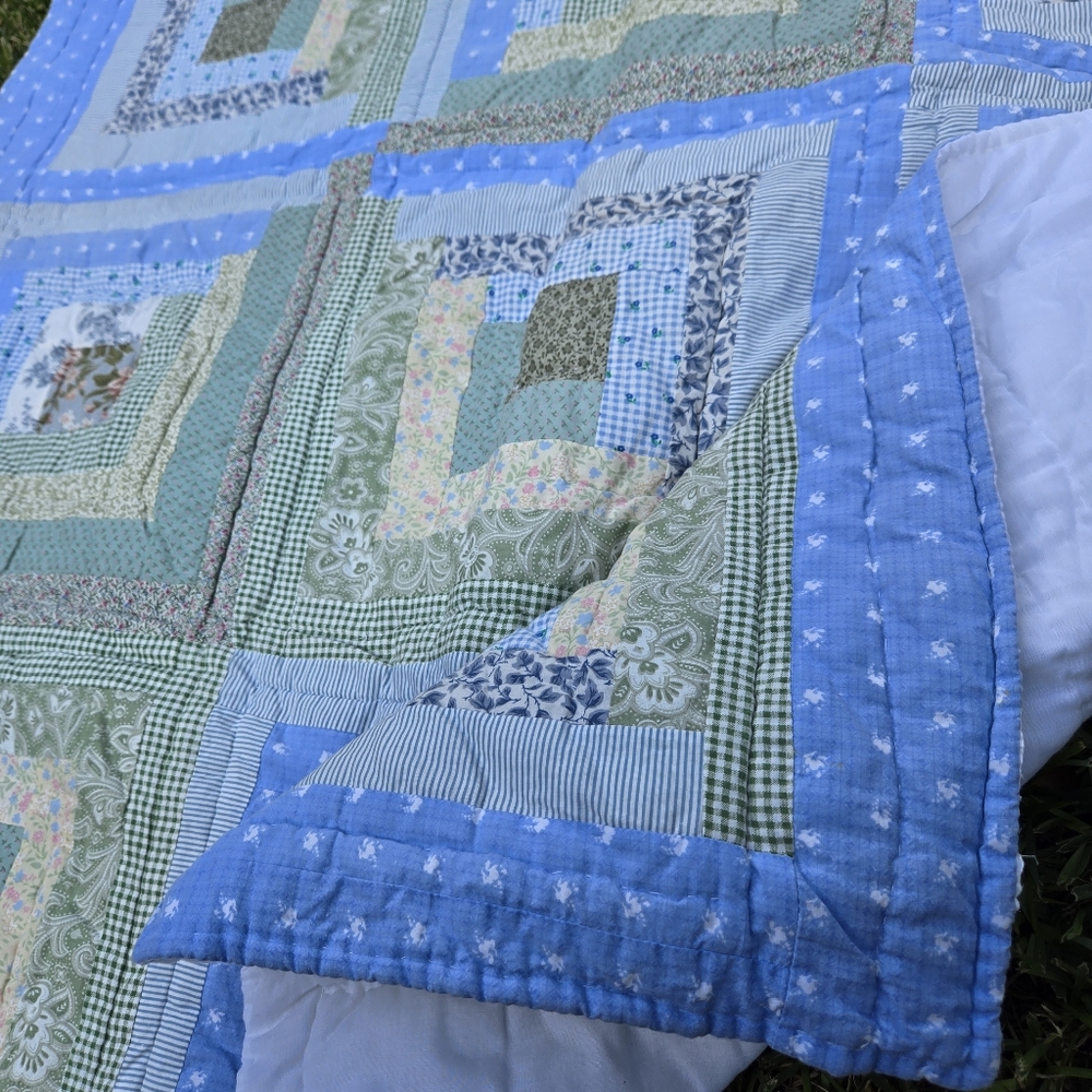 Vintage Log Cabin Lap Quilt stripe logcabin block squares blue green crib quilt - Picture 6 of 14